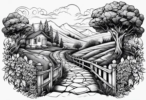 stone road over leafy vines tattoo idea