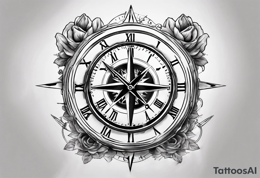 A Brocken clock whitch got an compass integrated tattoo idea