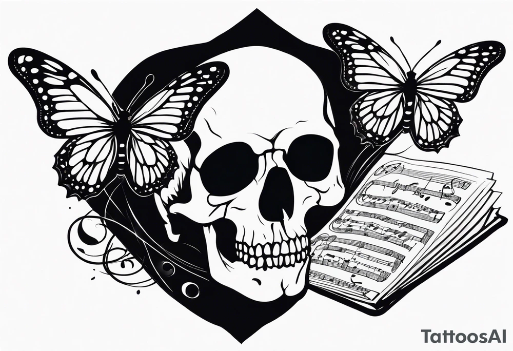 Skull with music sheet and butterfly tattoo idea
