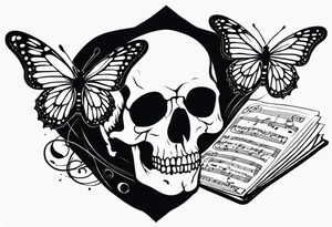 Skull with music sheet and butterfly tattoo idea