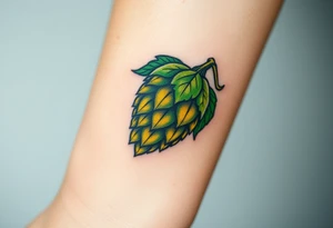 A detailed hop cone with deep green and golden hues, wrapped in barley stalks, symbolizing the essence of brewing tattoo idea