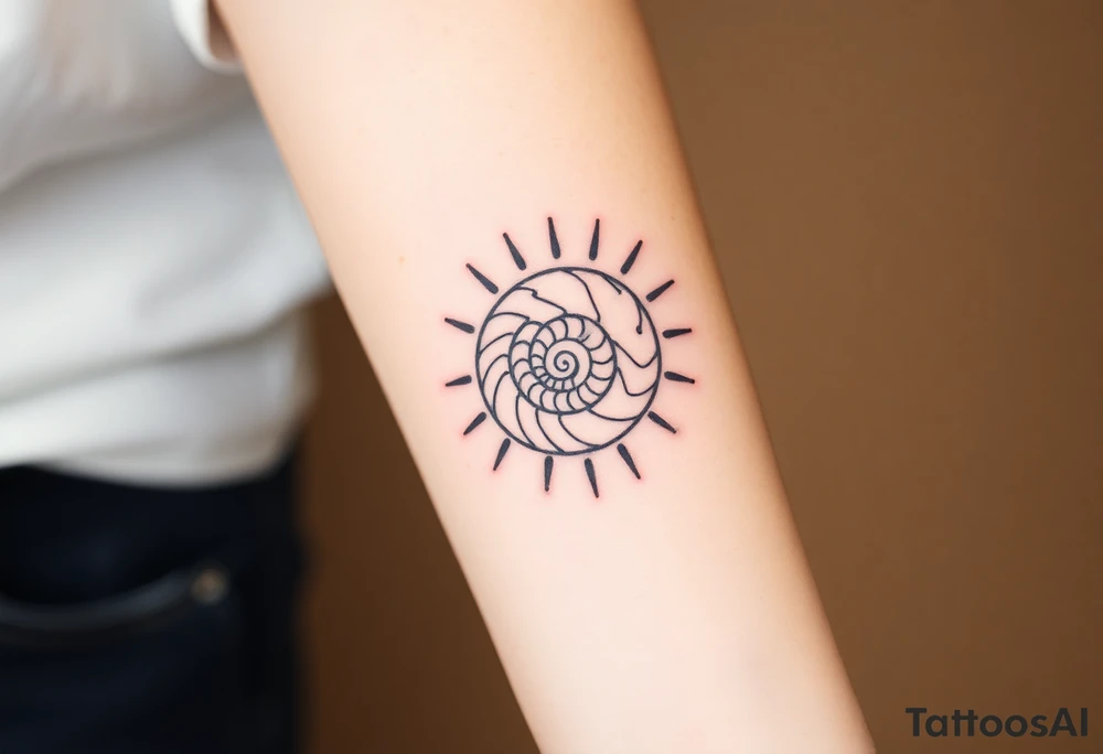 Fibonacci spiral shell inside of painted sun tattoo idea