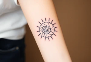 Fibonacci spiral shell inside of painted sun tattoo idea