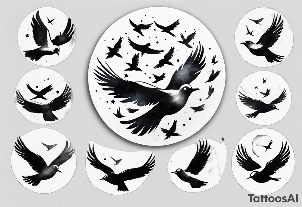 shoulder tattoo with light rays with birds flying free among the clouds, round shape, 3d effect tattoo idea shoulder tattoo with light rays with birds flying free among the clouds, round shape, 3d effect tattoo idea