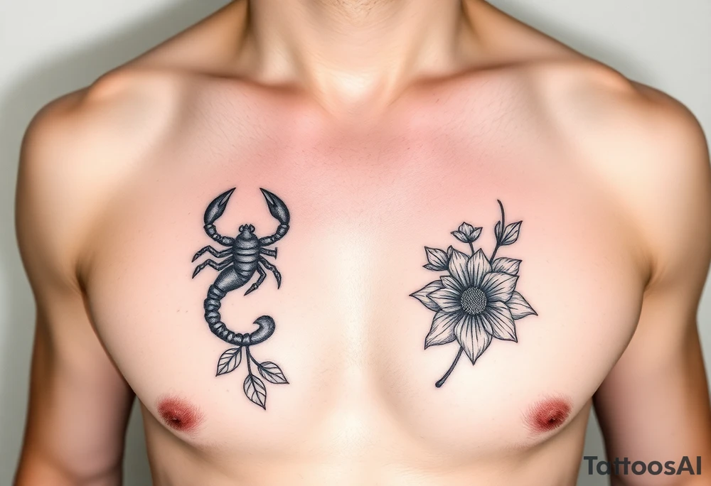 A medium tattoo including the constellation of Scorpio & Virgo as well as the flowers associated with October & September into one tattoo idea