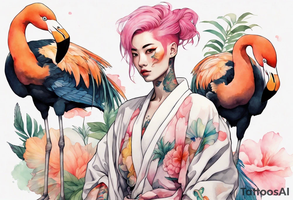 an androgynous person with pink hair and a rainbow robe standing next to a flamingo and a koi tattoo idea
