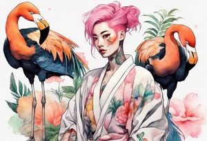 an androgynous person with pink hair and a rainbow robe standing next to a flamingo and a koi tattoo idea