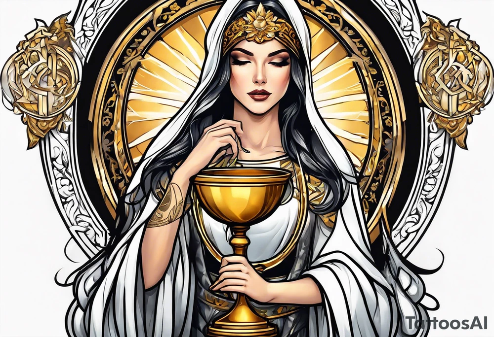 woman saint holding chalice surrounded by golden halo tattoo idea