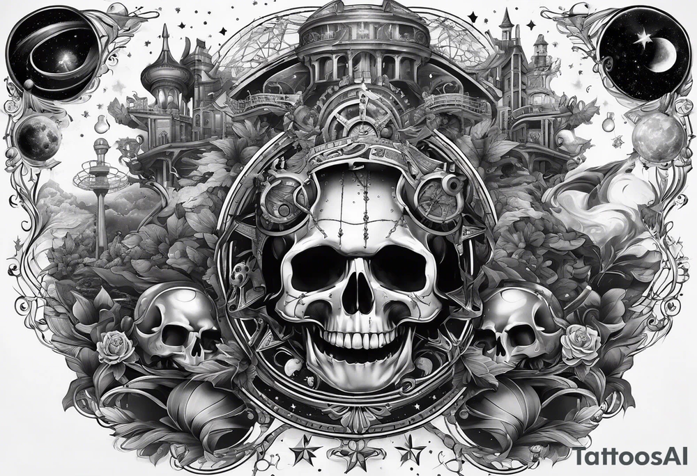 back and sleeve tattoo including chemistry, skulls, roller coaster track, space and stars tattoo idea