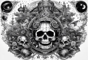 back and sleeve tattoo including chemistry, skulls, roller coaster track, space and stars tattoo idea