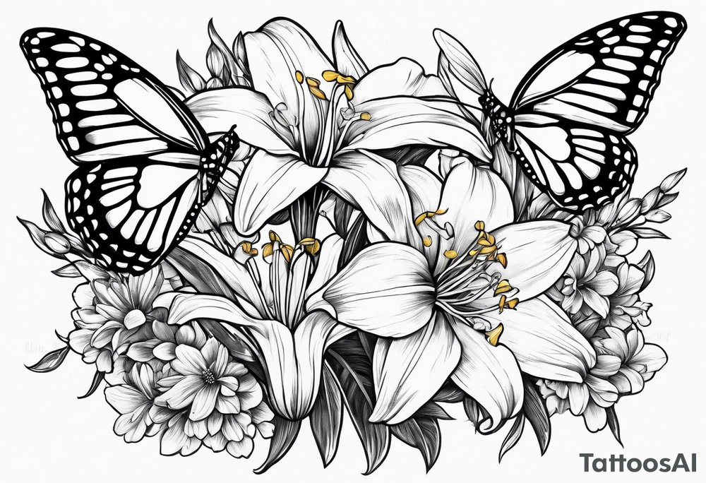 Wild flower of lily daisy and daffodil bouquet with butterfly 6-8 inches bi tattoo idea