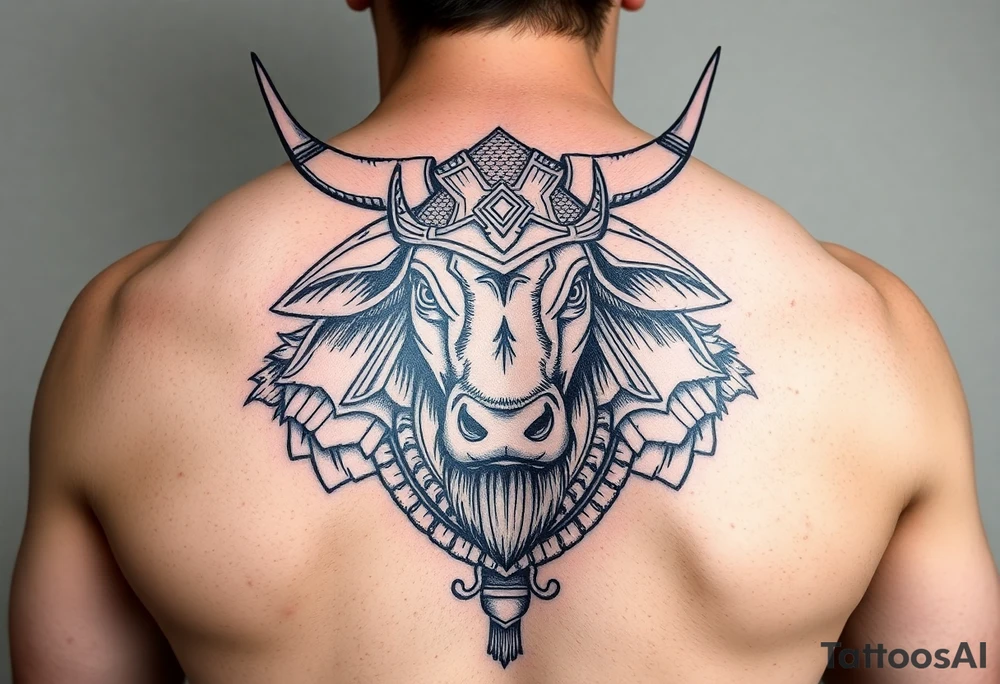 ox dressed up as masculine samurai warrior tattoo idea