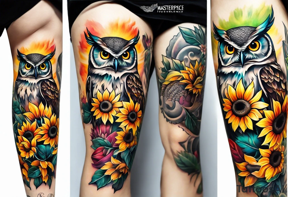 Leg sleeve with colorful sunflowers and an owl tattoo idea