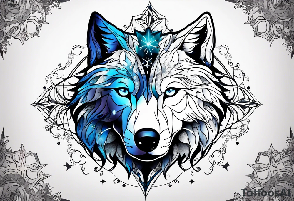 Constellation, two animal wolf, snowflake tattoo idea