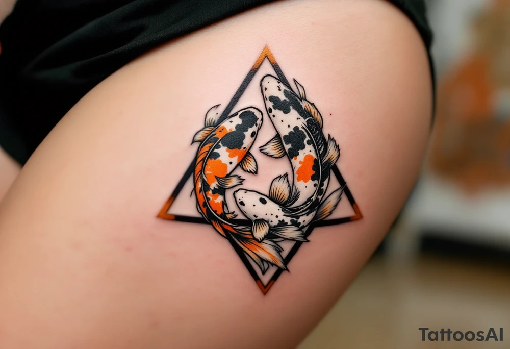 A triangle formed by three koi fish in orange, black, and white, swirling in harmony. tattoo idea