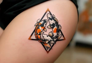 A triangle formed by three koi fish in orange, black, and white, swirling in harmony. tattoo idea