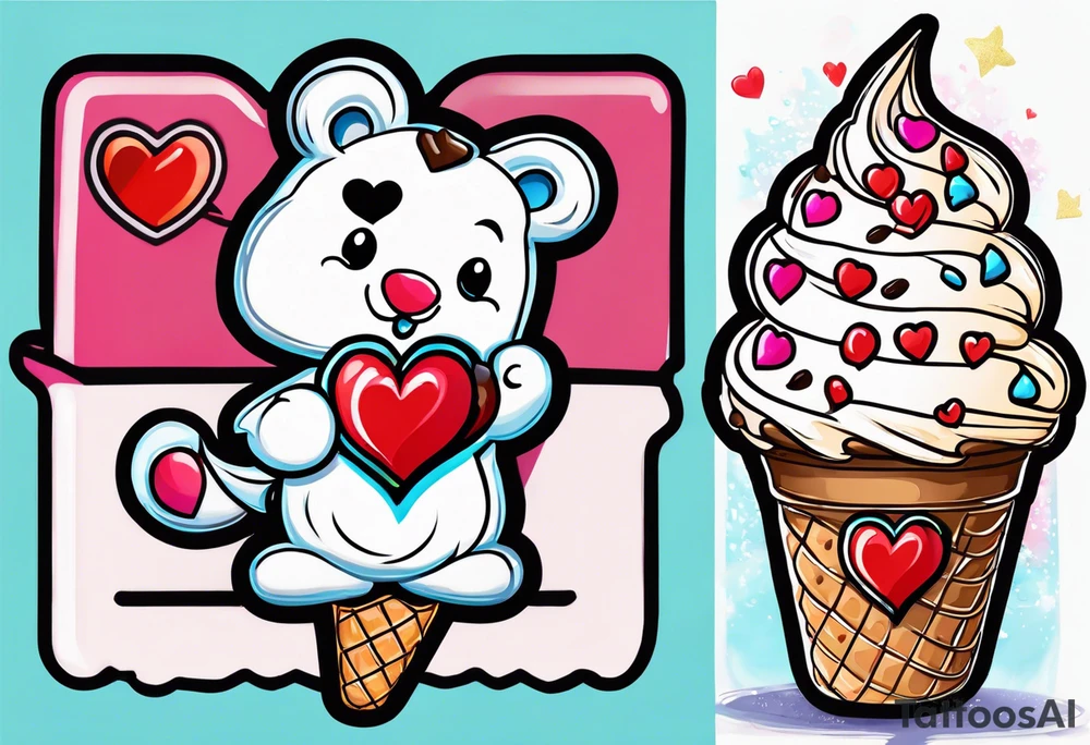 sketch chocolate chip ice cream cone with one red heart tattoo idea