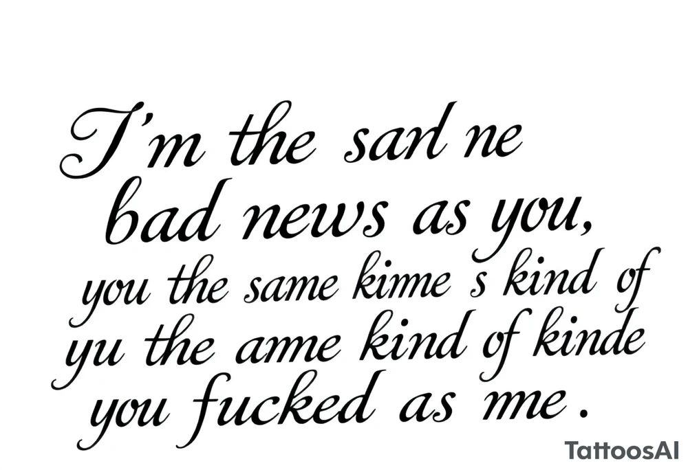 Chicano blackletter script tattoo, elegant cursive with thick and thin strokes, dramatic flourishes on 'f' and 'y'. Text: “I’m the same bad news as you, you’re the same kind of fucked as me.” High contrast, black ink on white background, no shading, no color tattoo idea