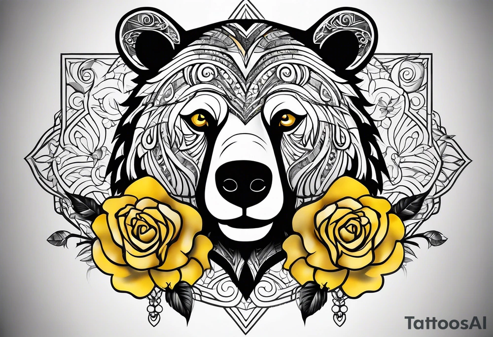 A tribal bear outline above the butterfly and yellow rose tattoo idea