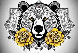 A tribal bear outline above the butterfly and yellow rose tattoo idea
