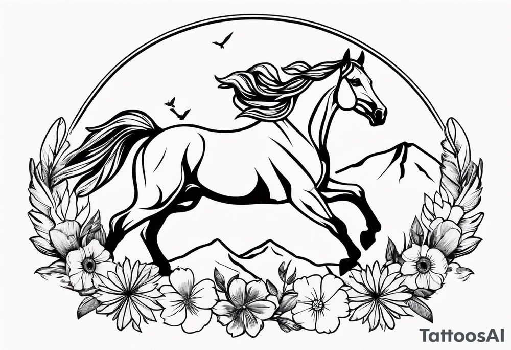 bucking horse, mountains background, feather, flowers, western tattoo idea