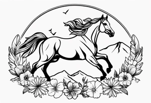 bucking horse, mountains background, feather, flowers, western tattoo idea