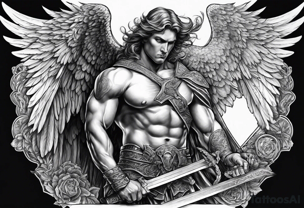 Male American guardian angel with a sword and possessed angel from hell combined together tattoo idea