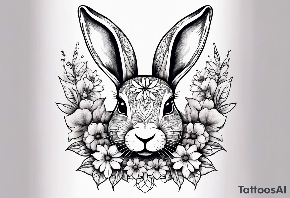 bunny head with flowers around it tattoo idea