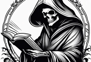cute grim reaper sitting down reading books tattoo idea