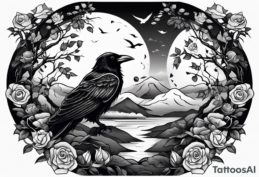 A stormy night with a tree of life, a rose garden, and a raven in the sky tattoo idea