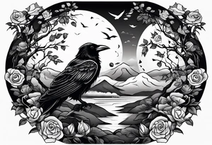 A stormy night with a tree of life, a rose garden, and a raven in the sky tattoo idea