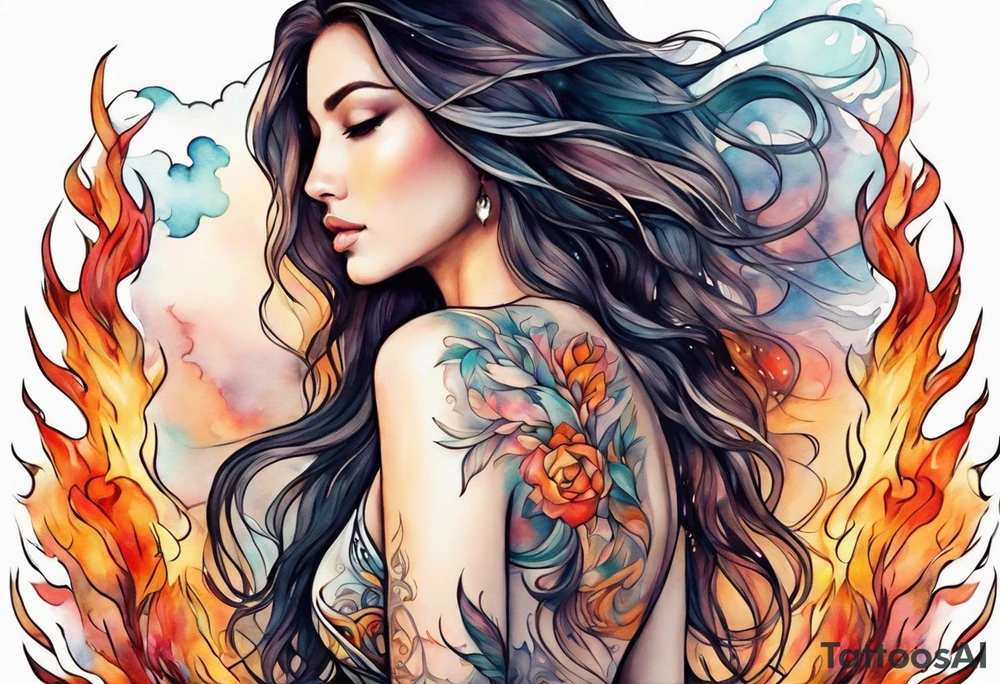 Resurrection strength and courage Beautiful Woman walking away fire and chaos to inner peace and self-love  ethereal tattoo idea
