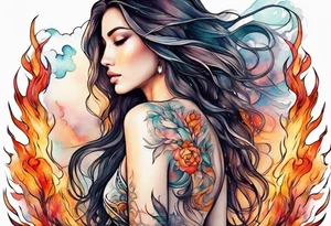 Resurrection strength and courage Beautiful Woman walking away fire and chaos to inner peace and self-love  ethereal tattoo idea