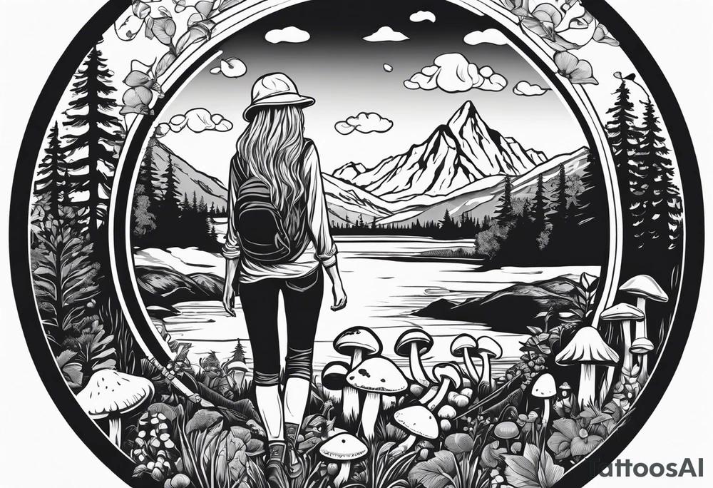 Whole picture encircled fully

Straight long blonde hair hippie girl in distance holding mushrooms in hand facing away toward mountains and creek surrounded by mushrooms long sleeve shirt and hiking pants; whole rendering within a full circle, no cut off circle tattoo idea
