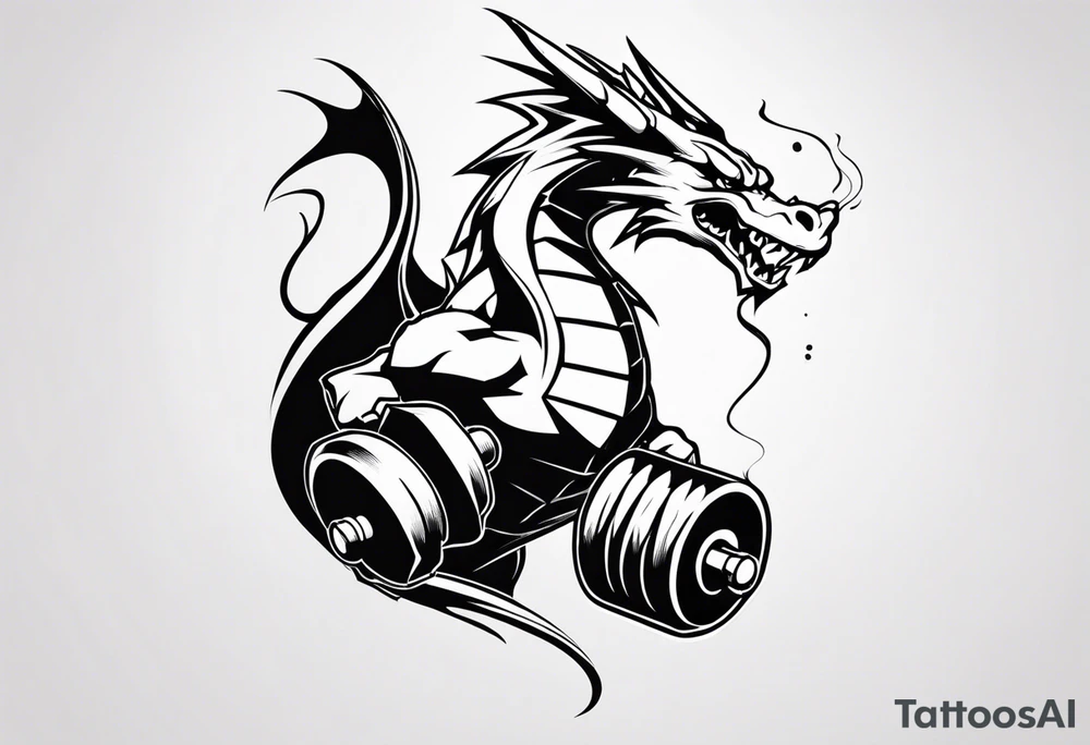 Dragon with a dumbbell in mouth tattoo idea