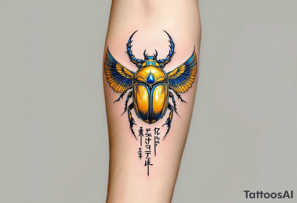 A golden scarab beetle with sapphire wings and black hieroglyphic inscriptions beneath. tattoo idea