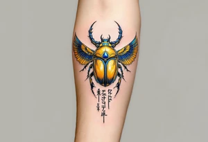 A golden scarab beetle with sapphire wings and black hieroglyphic inscriptions beneath. tattoo idea