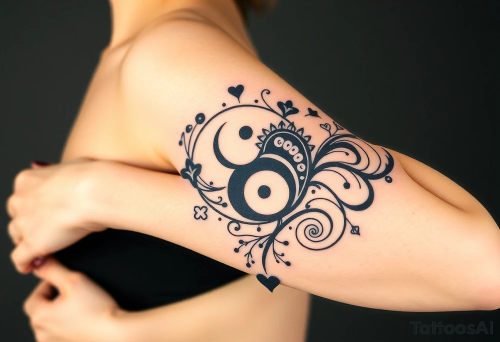 Magestic symbol combining ying yang, Gemini zodiac symbol, spiral Paisleys, and hearts tattoo idea
