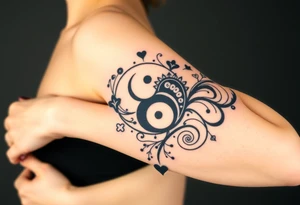Magestic symbol combining ying yang, Gemini zodiac symbol, spiral Paisleys, and hearts tattoo idea