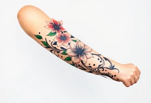 Fore arm tattoo in the neo american traditional style. I want to incorporate a few different flowers: Poppies, Morning Glory, Narcissus with green leaves in the background tattoo idea