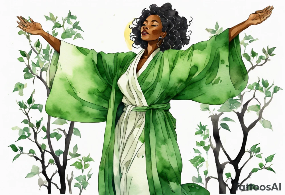 a beautiful black woman with legs that turn into tree roots, wearing a green robe, arms reaching up towards the sun blazing in the sky, leaves in her hair tattoo idea