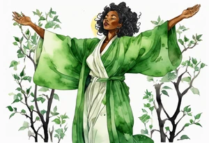 a beautiful black woman with legs that turn into tree roots, wearing a green robe, arms reaching up towards the sun blazing in the sky, leaves in her hair tattoo idea