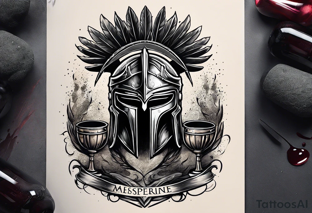 Create a faceless Spartan warrior helmet image with weight and below with a flying owl holding an old wine goblet and an hourglass with sand falling from it. tattoo idea