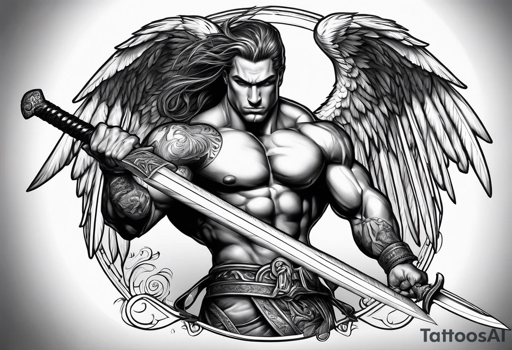 Micheal arc angel bent over pulling sword super muscular tattoo idea