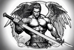 Micheal arc angel bent over pulling sword super muscular tattoo idea