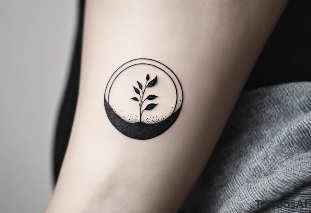 Here’s a description for the fourth idea:

	Minimalist black-and-white tattoo above the inner elbow, featuring an open circle with a small sprouting seed or budding plant inside, symbolizing new life and growth. From the seed, a fine, delicate lifeline extends outward, representing the journey of parent and child together. The design uses thin, clean lines for a simple, elegant, and symbolic look. tattoo idea