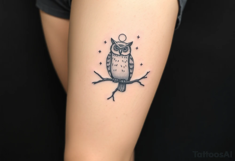 wise owl perched on ancient oak branch under starlit sky tattoo idea