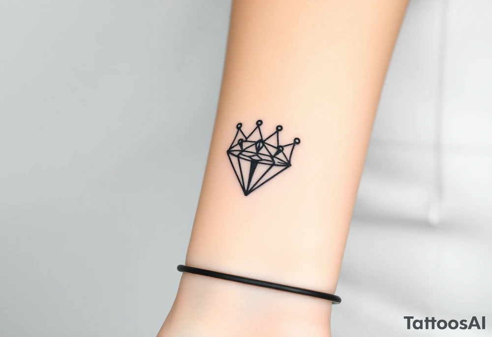 A single, large diamond centered within a sleek, minimalist crown, outlined in fine black ink with a subtle gold shadow to add depth. tattoo idea