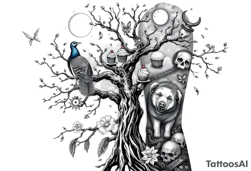 mystical tree with  and celestial branches fat naked sexy woman , peacock , pig , cupcakes, liquor, cigerette, Storm clouds, pig, peacock , fat sexy naked fat woman, cupcakes, noose , money, goat lion, man having sex, cigerette storm lightening, killing, darkness death, violent majestic creatures tattoo idea