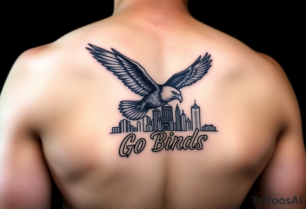 Tattoo On upper bicep 
Philadelphia Eagle classic bird flying over Philadelphia city skyline with the words Go Birds in bubble letters under it tattoo idea